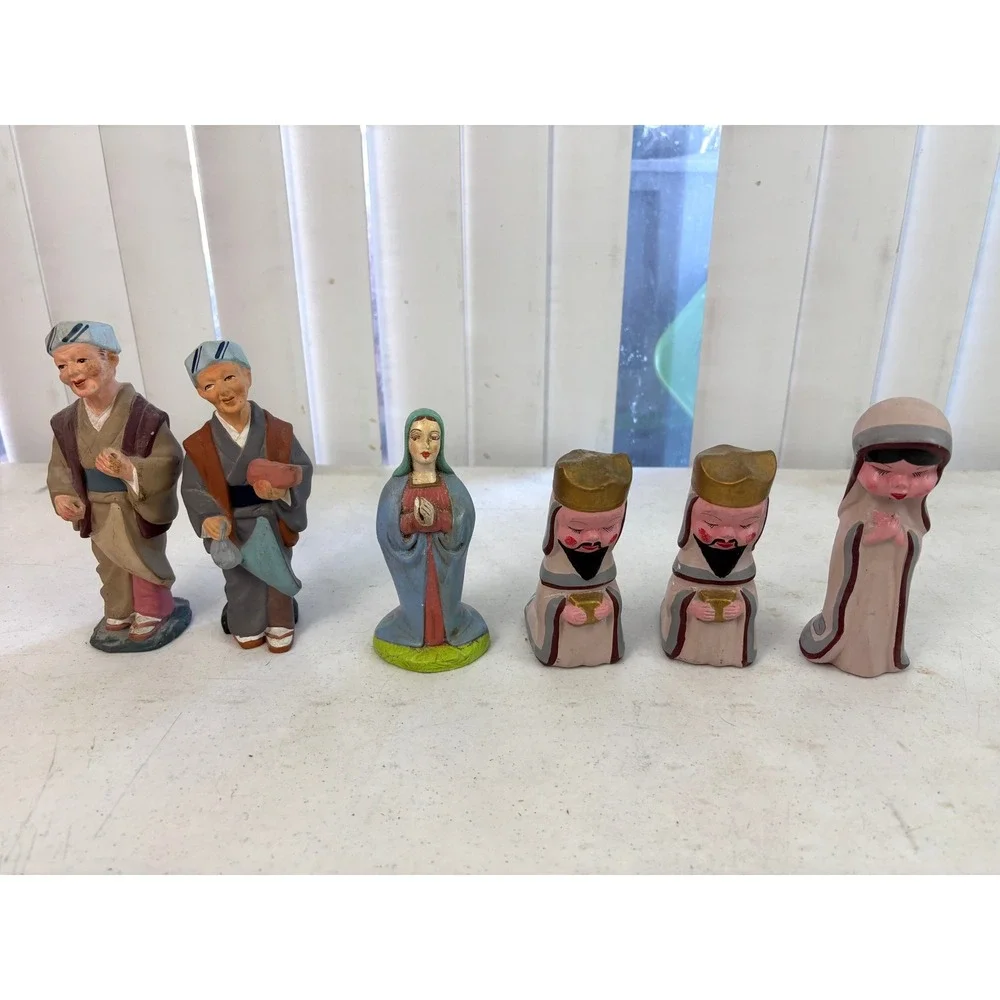 Vintage Hand Painted Nativity Figurines Lot of 6 Mary Wise Men Asian Figures